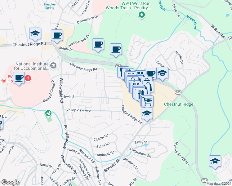 map of restaurants, bars, coffee shops, grocery stores, and more near 1011 Chestnut Ridge Rd in Morgantown