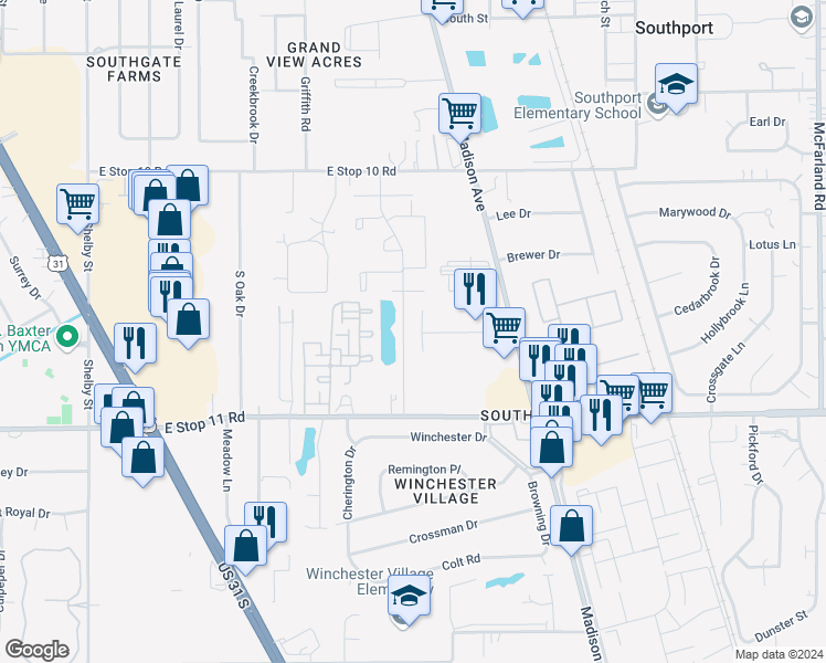 map of restaurants, bars, coffee shops, grocery stores, and more near 7816 Trisa Court in Indianapolis