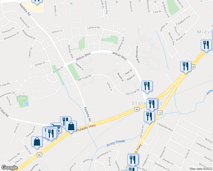 map of restaurants, bars, coffee shops, grocery stores, and more near 3 Brian Court in New Castle