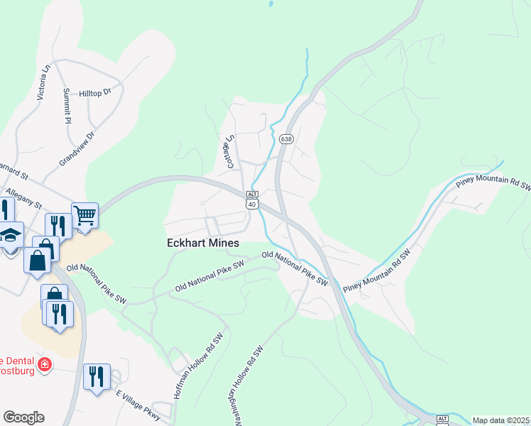 map of restaurants, bars, coffee shops, grocery stores, and more near 17016 Porter Road Northwest in Frostburg