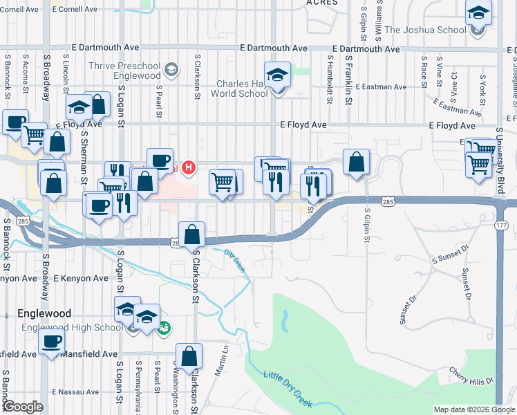 map of restaurants, bars, coffee shops, grocery stores, and more near 3500 South Corona Street in Englewood