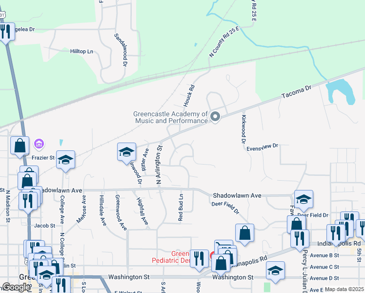 map of restaurants, bars, coffee shops, grocery stores, and more near 709 Crescent Drive in Greencastle