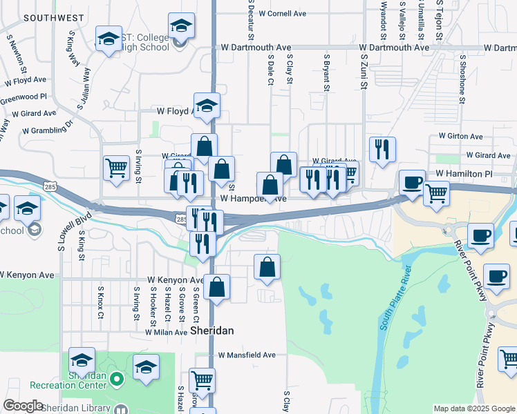 map of restaurants, bars, coffee shops, grocery stores, and more near 2800 West Hampden Avenue in Englewood