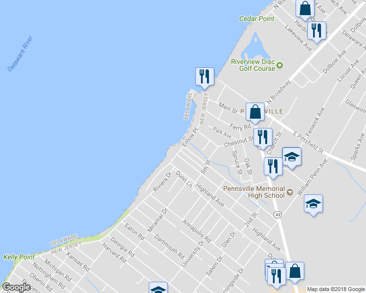 map of restaurants, bars, coffee shops, grocery stores, and more near 80 Enlow Place in Salem County