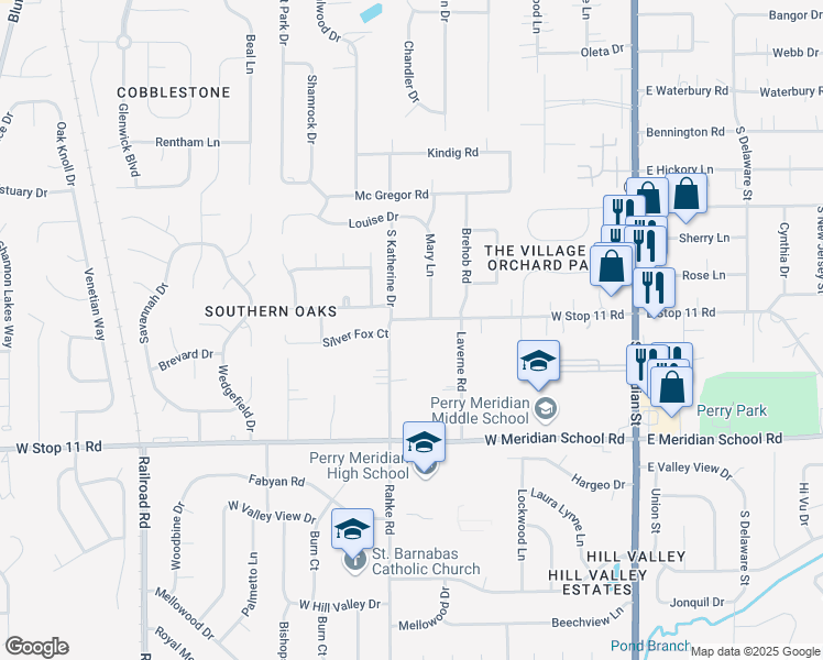 map of restaurants, bars, coffee shops, grocery stores, and more near 453 West Stop 11 Road in Indianapolis