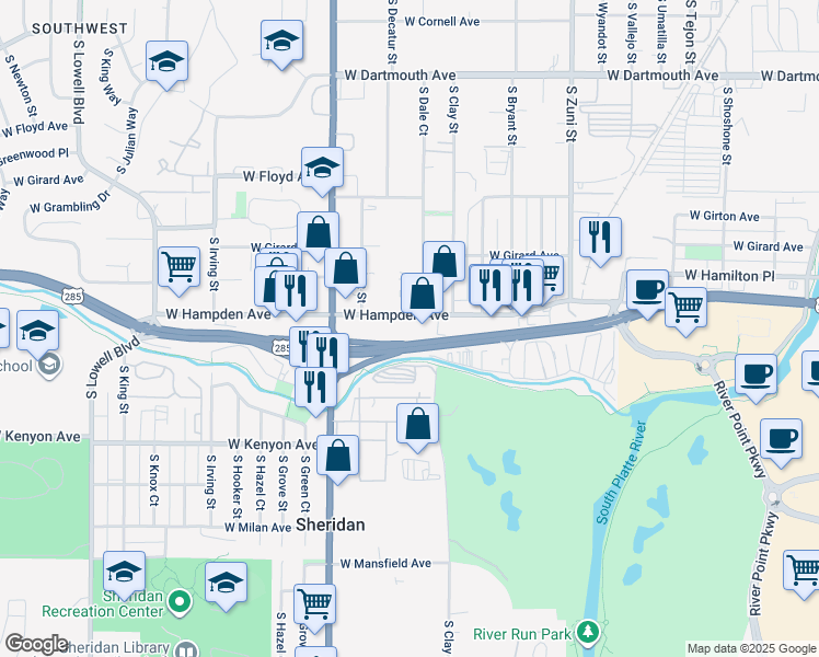 map of restaurants, bars, coffee shops, grocery stores, and more near 2800 West Hampden Avenue in Englewood