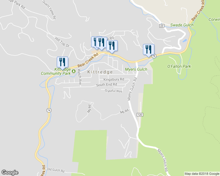 map of restaurants, bars, coffee shops, grocery stores, and more near 26222 South End Road in Kittredge