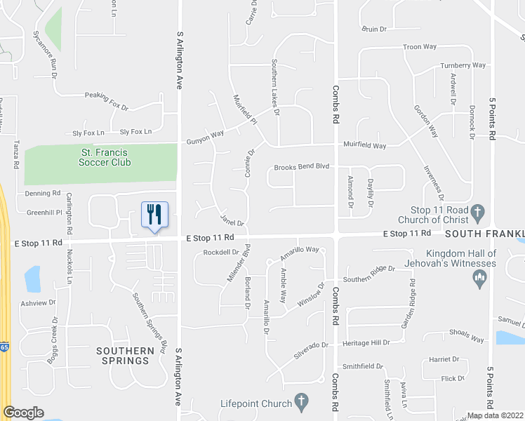 map of restaurants, bars, coffee shops, grocery stores, and more near 6246 Whitaker Farms Drive in Indianapolis
