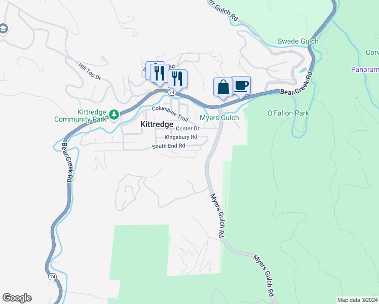 map of restaurants, bars, coffee shops, grocery stores, and more near 26156 South End Road in Kittredge