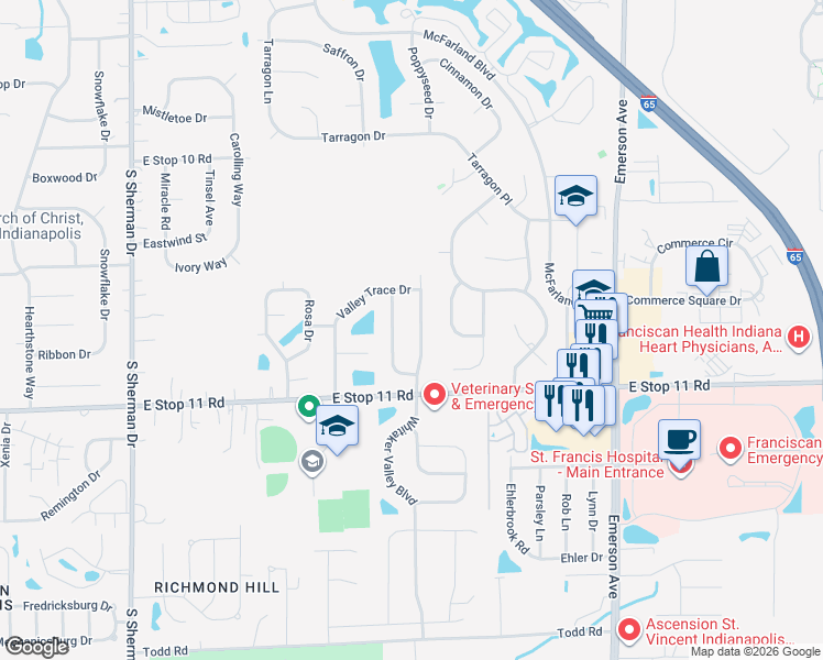 map of restaurants, bars, coffee shops, grocery stores, and more near 7853 Valley Stream Drive in Indianapolis