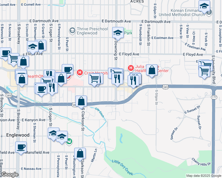 map of restaurants, bars, coffee shops, grocery stores, and more near 3530 South Corona Street in Englewood