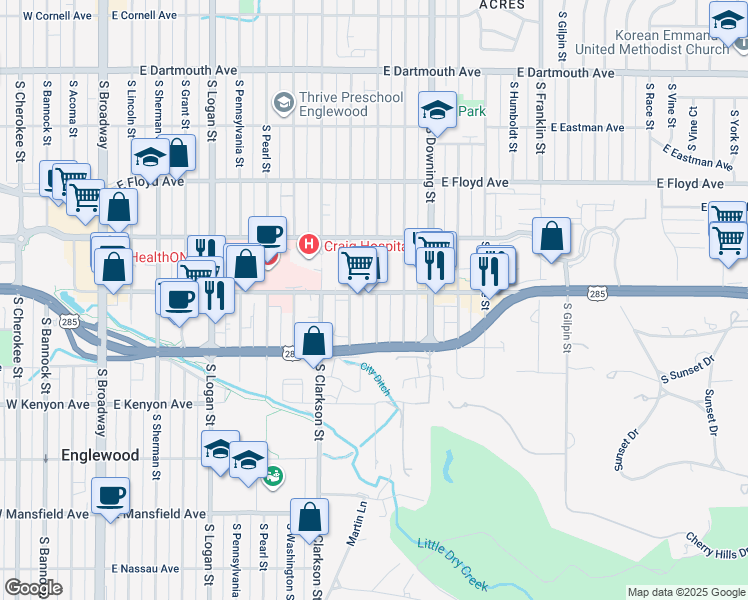 map of restaurants, bars, coffee shops, grocery stores, and more near 3517 South Ogden Street in Englewood