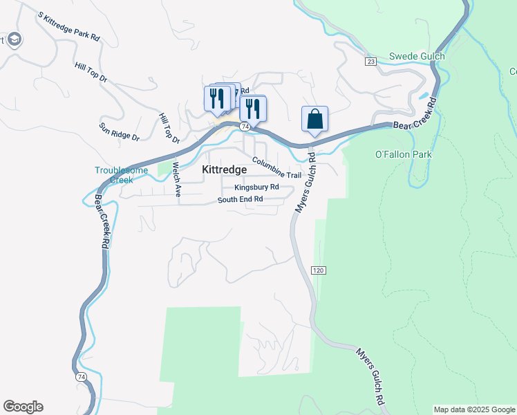 map of restaurants, bars, coffee shops, grocery stores, and more near 26162 Grateful Way in Kittredge