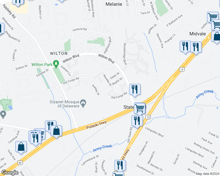 map of restaurants, bars, coffee shops, grocery stores, and more near 1 Marlborough Court in New Castle