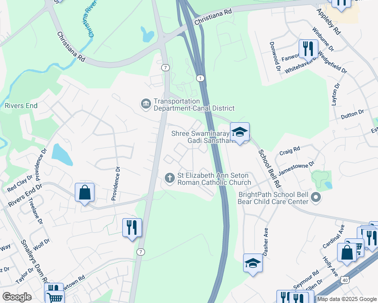 map of restaurants, bars, coffee shops, grocery stores, and more near 2800 Christiana Meadows in Bear