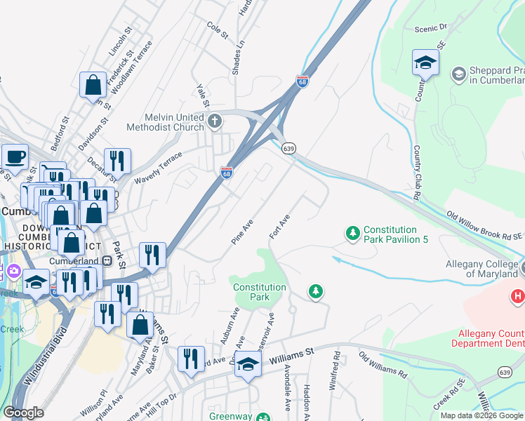 map of restaurants, bars, coffee shops, grocery stores, and more near 451 Pine Avenue in Cumberland