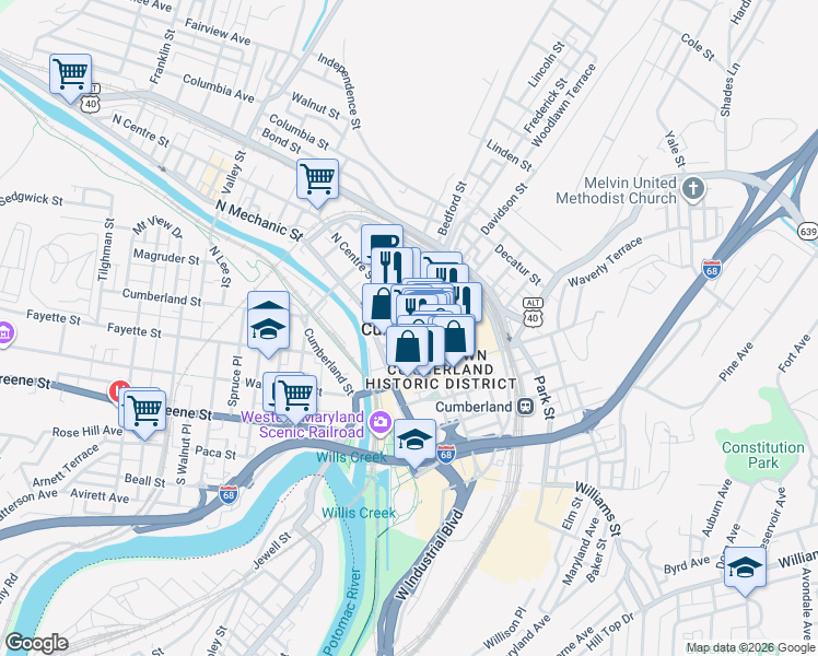 map of restaurants, bars, coffee shops, grocery stores, and more near in Cumberland