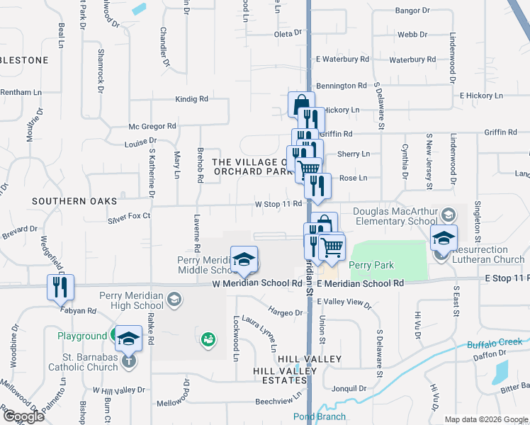 map of restaurants, bars, coffee shops, grocery stores, and more near 227 West Stop 11 Road in Indianapolis