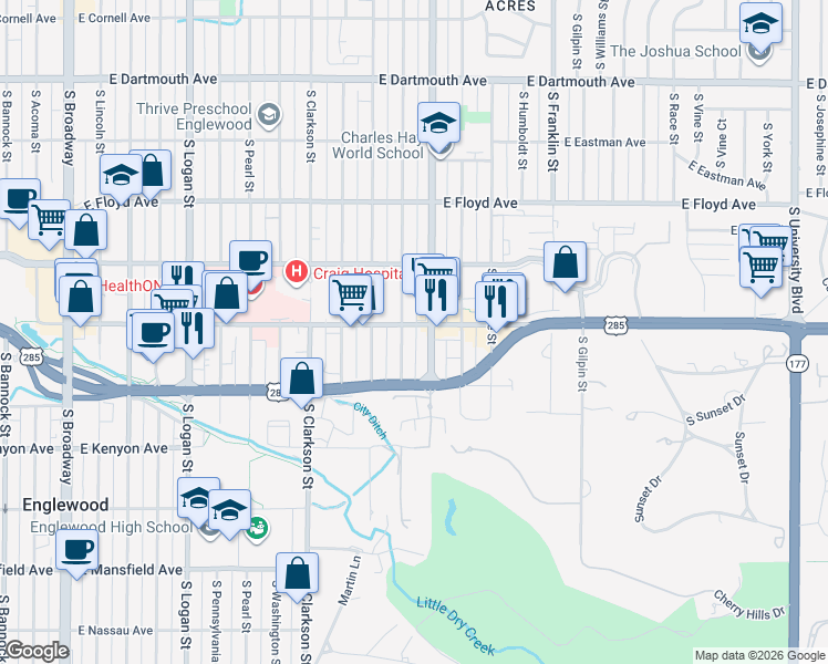 map of restaurants, bars, coffee shops, grocery stores, and more near 3530 South Corona Street in Englewood