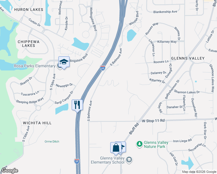map of restaurants, bars, coffee shops, grocery stores, and more near 7729 South Belmont Avenue in Indianapolis
