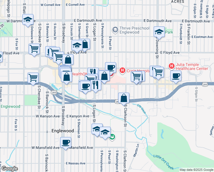 map of restaurants, bars, coffee shops, grocery stores, and more near 3540 South Pearl Street in Englewood