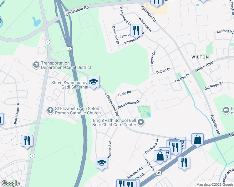 map of restaurants, bars, coffee shops, grocery stores, and more near 34 Craig Road in Bear
