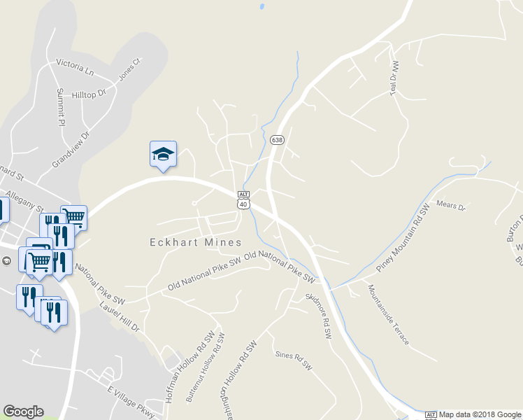 map of restaurants, bars, coffee shops, grocery stores, and more near 10003 Stone House Lane Southwest in Frostburg