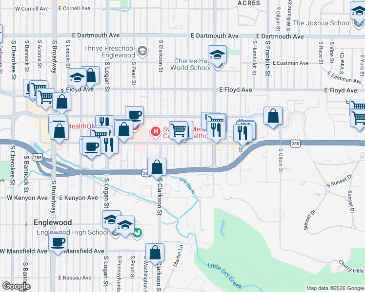map of restaurants, bars, coffee shops, grocery stores, and more near 3517 South Ogden Street in Englewood