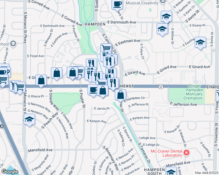 map of restaurants, bars, coffee shops, grocery stores, and more near 7500 East Hampden Avenue in Denver