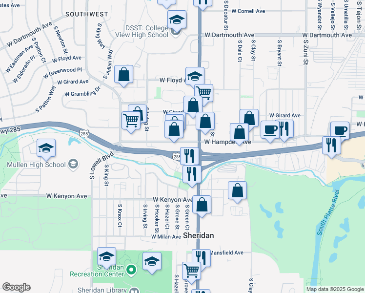 map of restaurants, bars, coffee shops, grocery stores, and more near 3142 West Hampden Avenue in Sheridan