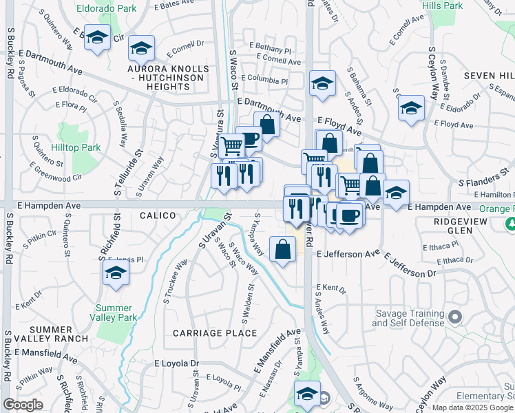 map of restaurants, bars, coffee shops, grocery stores, and more near E Hampden Ave & S Yampa Way in Aurora