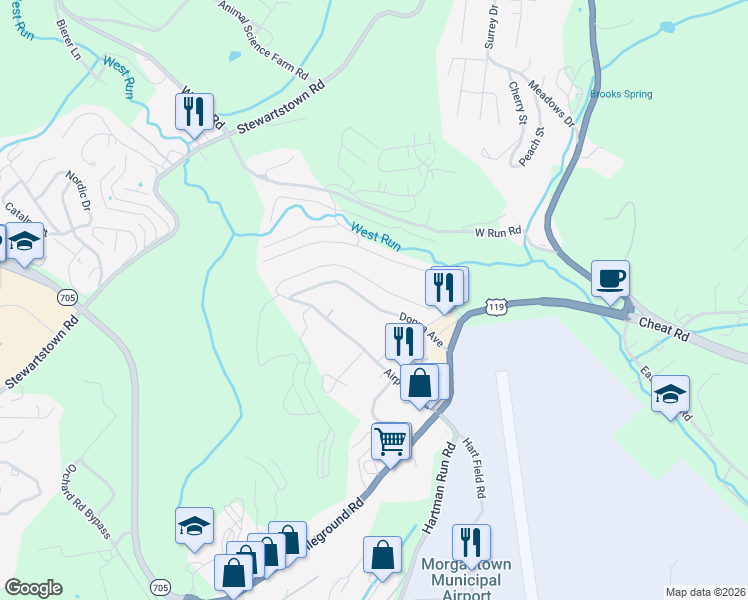 map of restaurants, bars, coffee shops, grocery stores, and more near 131 Donna Avenue in Morgantown
