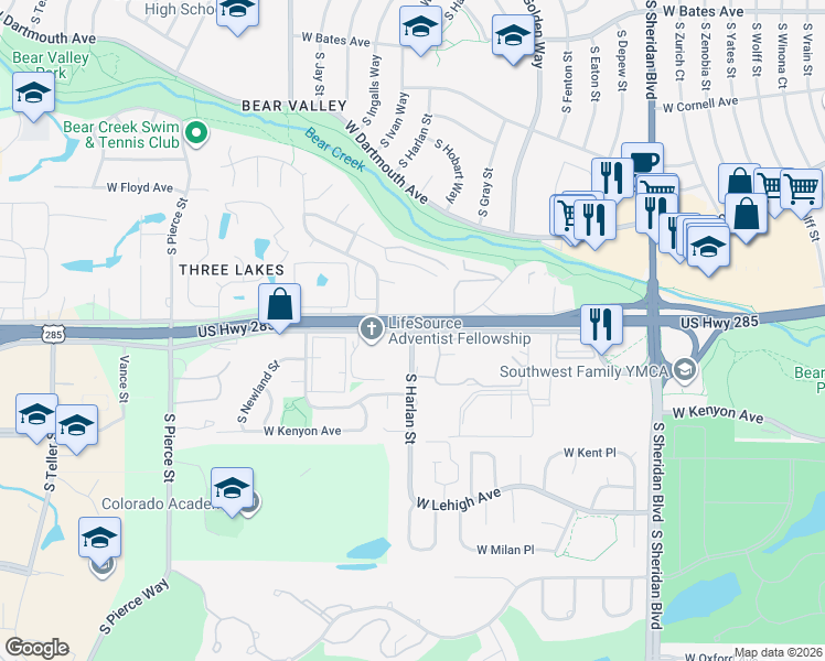 map of restaurants, bars, coffee shops, grocery stores, and more near S Harlan St & W Hampden Ave in Denver
