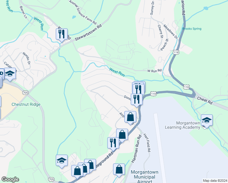 map of restaurants, bars, coffee shops, grocery stores, and more near Donna Avenue in Morgantown