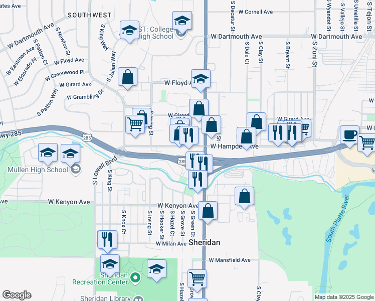 map of restaurants, bars, coffee shops, grocery stores, and more near 3142 West Hampden Avenue in Sheridan