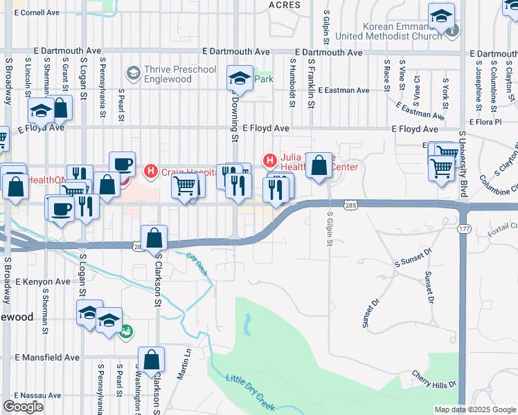 map of restaurants, bars, coffee shops, grocery stores, and more near 3535 South Lafayette Street in Cherry Hills Village