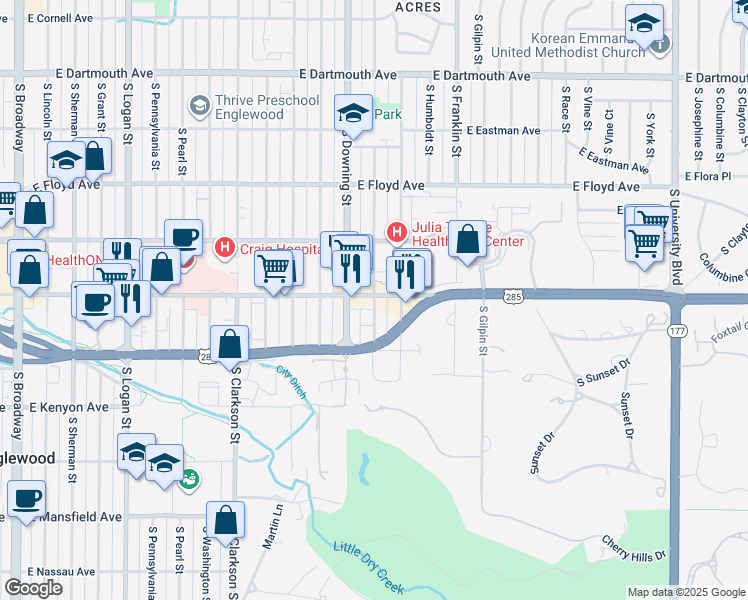 map of restaurants, bars, coffee shops, grocery stores, and more near in Englewood