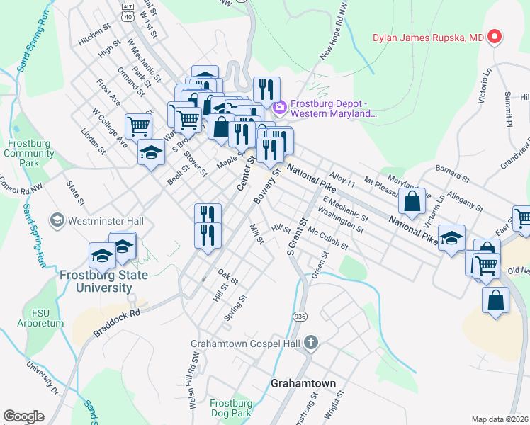 map of restaurants, bars, coffee shops, grocery stores, and more near 8 Mill Street in Frostburg