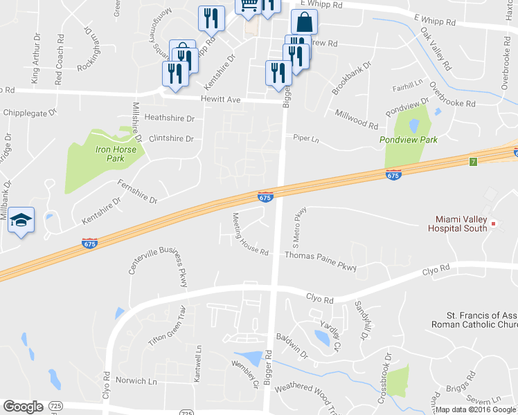 map of restaurants, bars, coffee shops, grocery stores, and more near 233 Carters Grove Road in Dayton