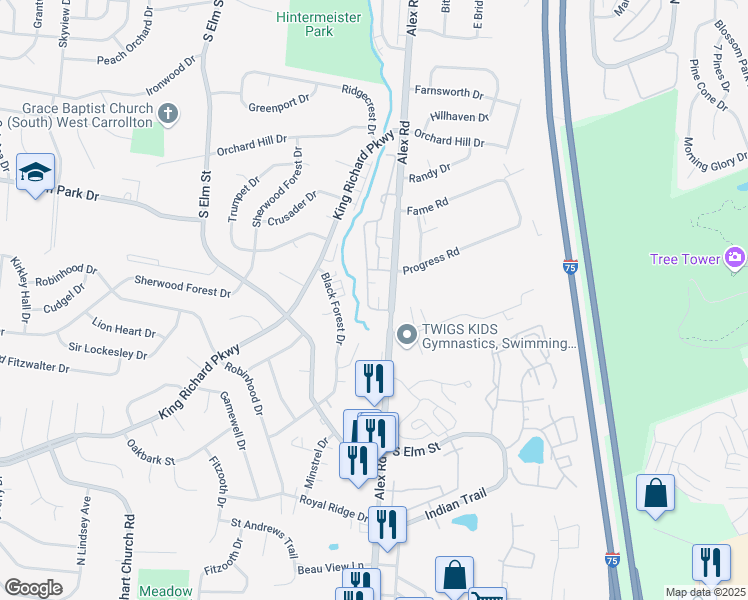 map of restaurants, bars, coffee shops, grocery stores, and more near 1664 Longbow Lane in Dayton