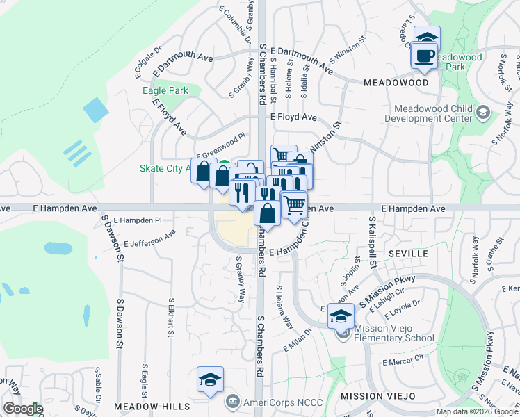 map of restaurants, bars, coffee shops, grocery stores, and more near South Chambers Road in Aurora