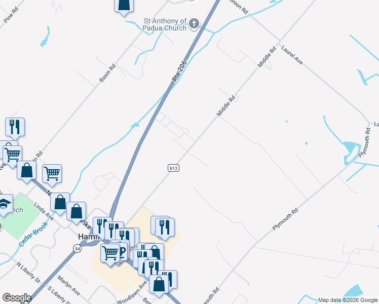 map of restaurants, bars, coffee shops, grocery stores, and more near 176 Middle Road in Hammonton