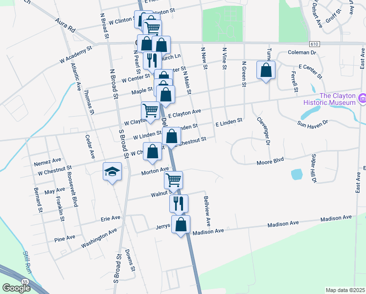 map of restaurants, bars, coffee shops, grocery stores, and more near 26 East Chestnut Street in Clayton