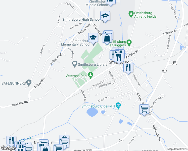 map of restaurants, bars, coffee shops, grocery stores, and more near 58 West Water Street in Smithsburg