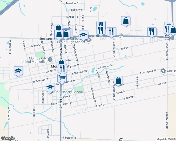 map of restaurants, bars, coffee shops, grocery stores, and more near Monroe Street in Monroe City