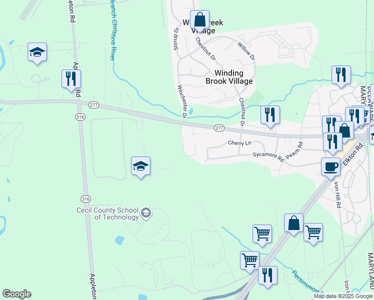 map of restaurants, bars, coffee shops, grocery stores, and more near 367 Fletchwood Road in Elkton