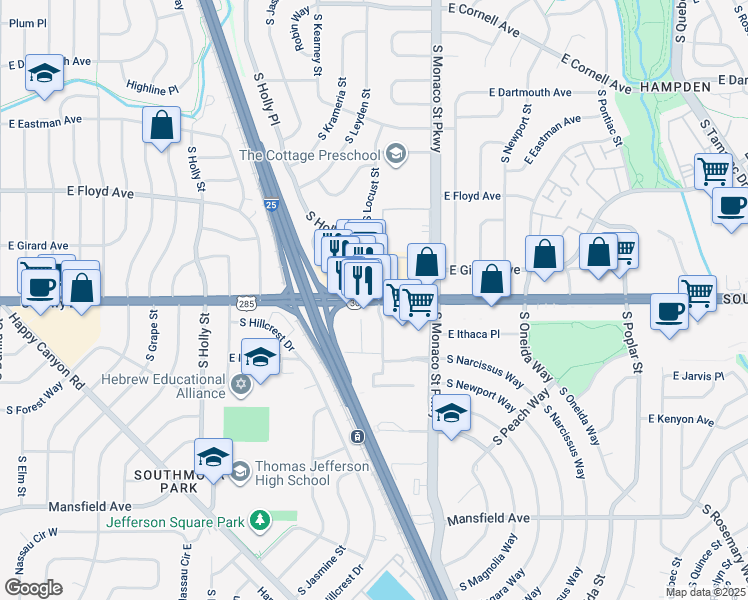 map of restaurants, bars, coffee shops, grocery stores, and more near 6300 East Hampden Avenue in Denver