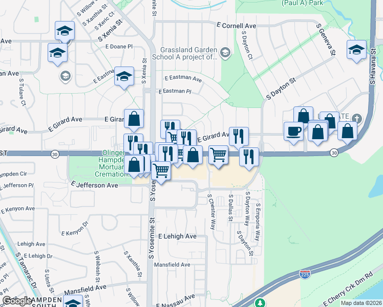 map of restaurants, bars, coffee shops, grocery stores, and more near East Hampden Avenue & South Akron Street in Denver