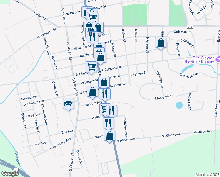 map of restaurants, bars, coffee shops, grocery stores, and more near 26 East Chestnut Street in Clayton