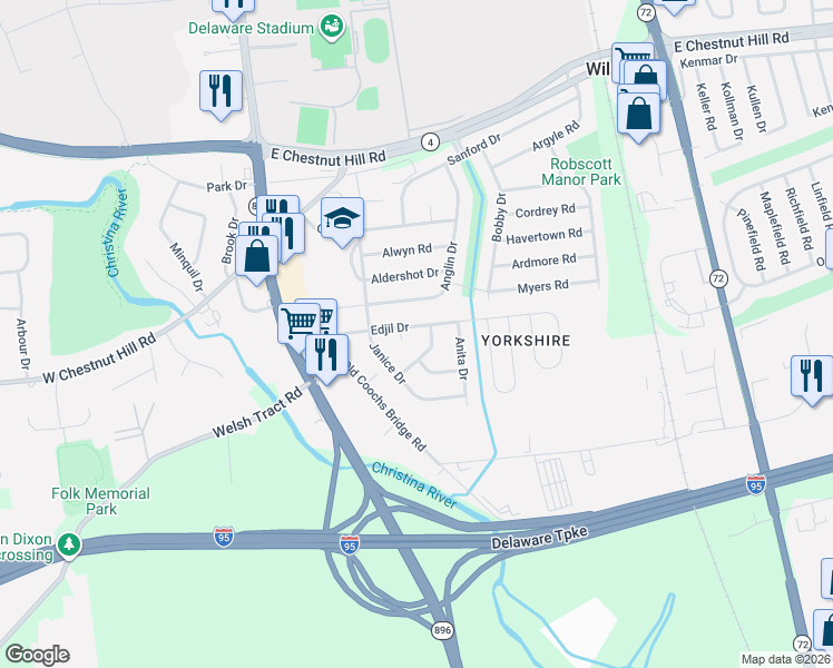 map of restaurants, bars, coffee shops, grocery stores, and more near 10 Kitty Lane in Newark